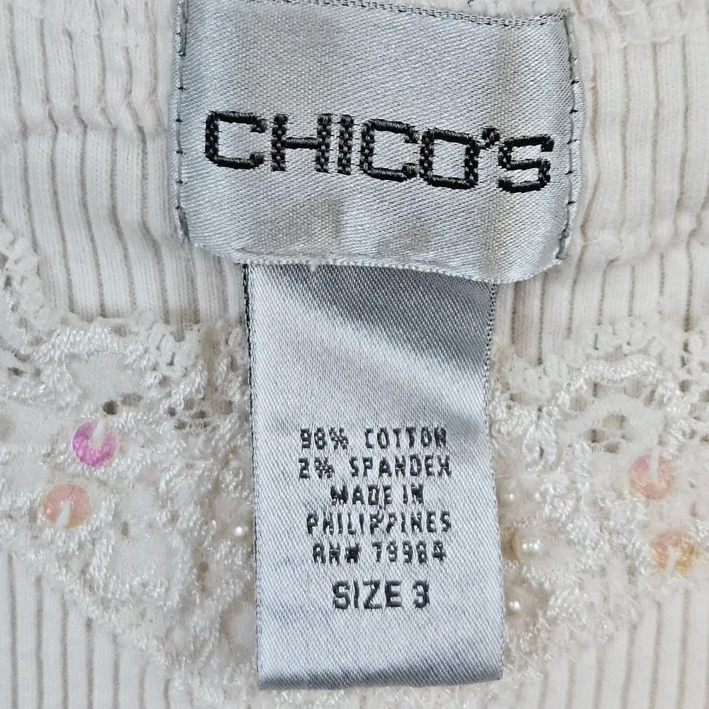 Chico's Women's Pale Pink Tank Top‎ Size 3 (XL) Lace Trim Beaded Sequined Ribbed